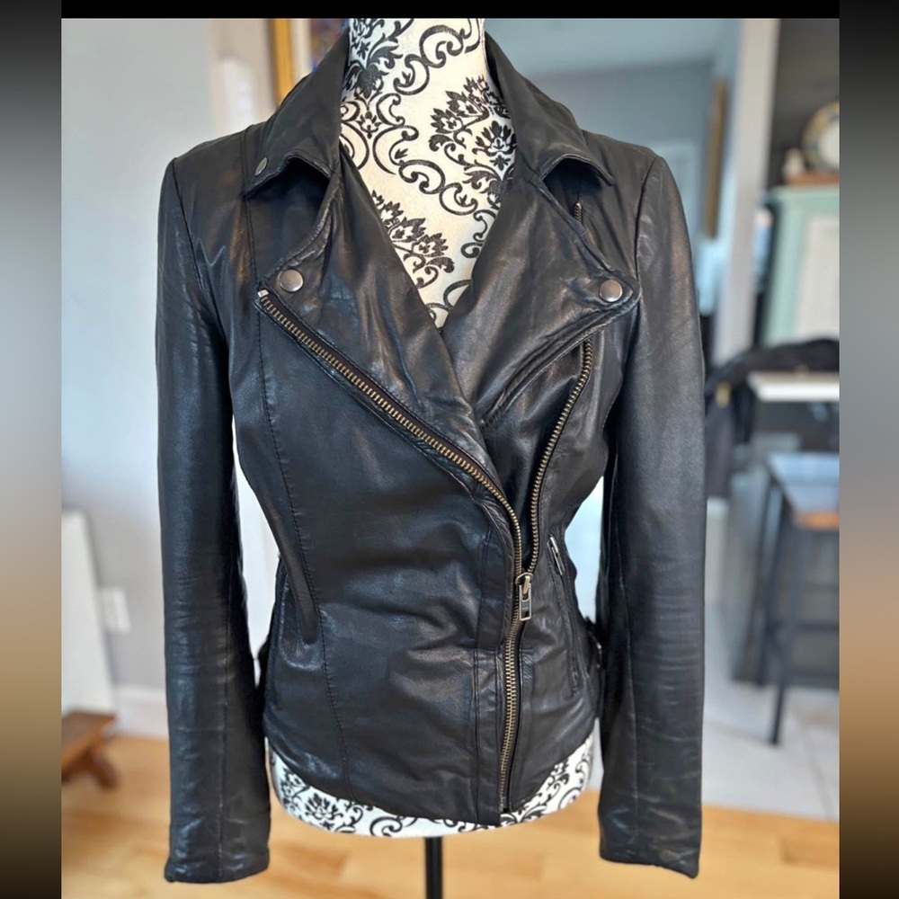 Muubaa Black Leather Moto Jacket with Asymmetrical Zipper